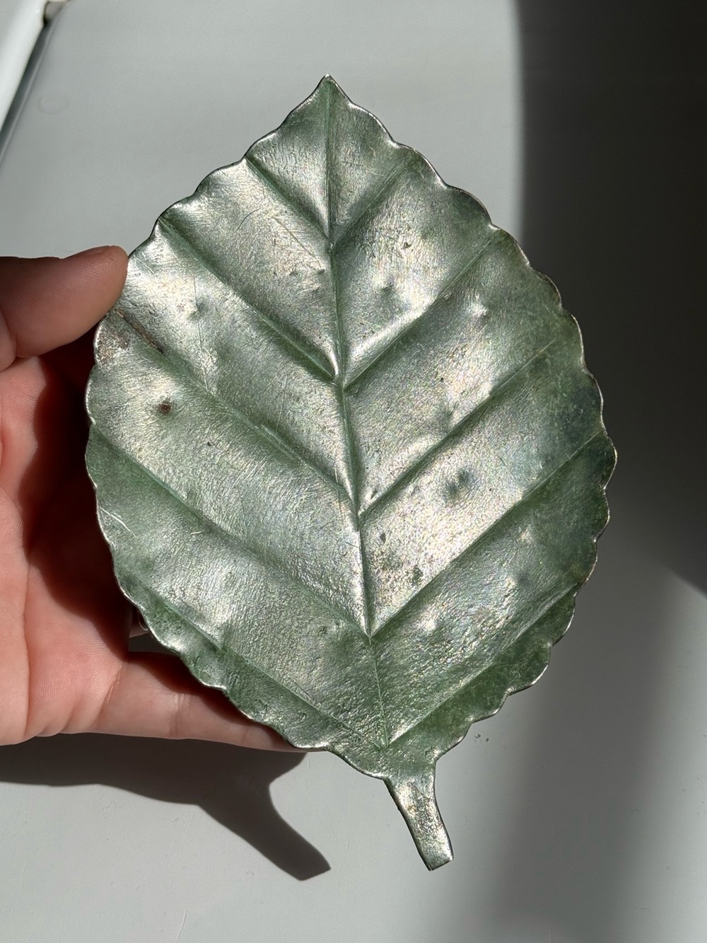 Vintage 90s Flat Green Metal Leaf Shaped Candle Burning Dish Made in India